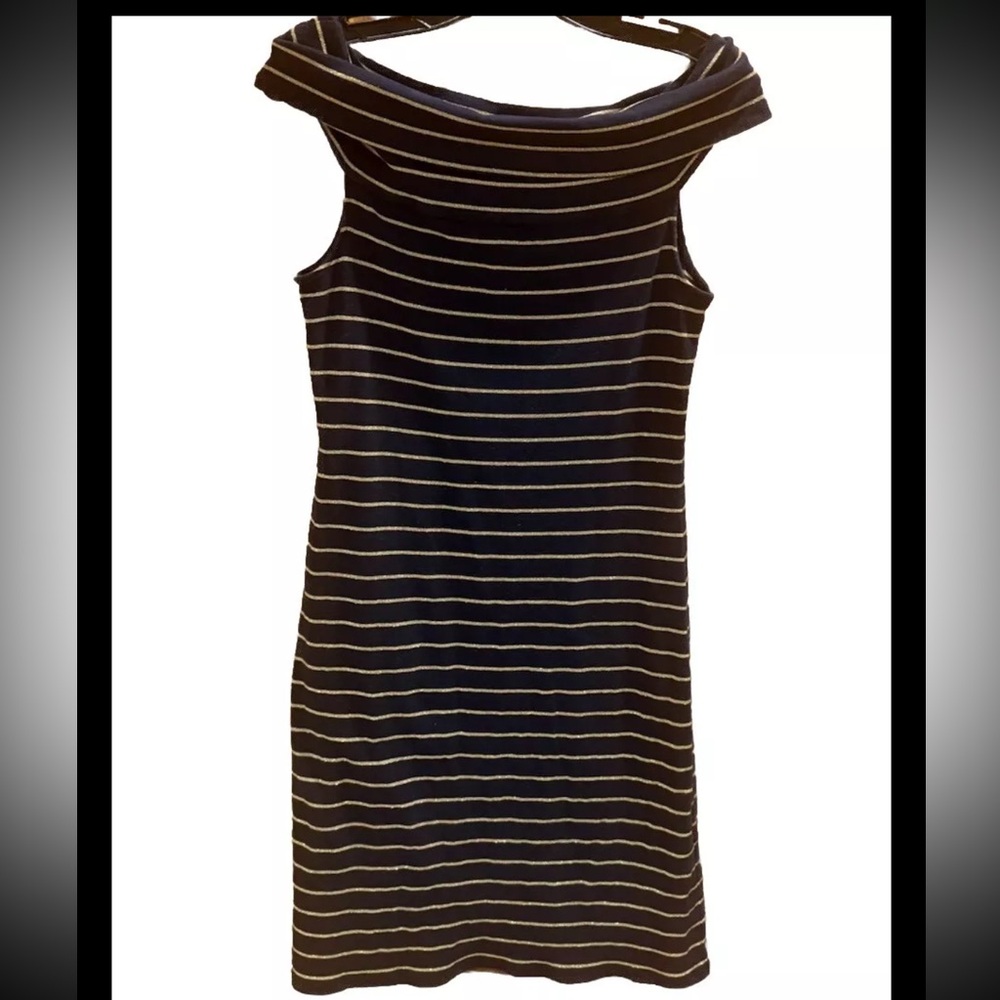 Lauren Ralph Lauren Sleeveless Black Dress Metallic Gold Stripes Size Medium